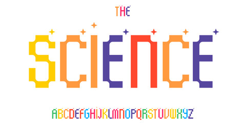 Kid Science educational font, STEM colorful alphabet for scientific headline, funny scientific game and lessons book typographic design. Modern vector typeset