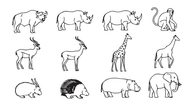 Collection of various wild animals in a simple line drawing style, isolated on transparent background
