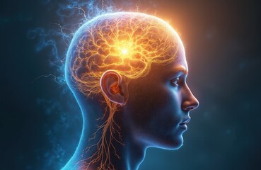 Illustration of human head with glowing brain and energetic neural pathways. Abstract concept of thought, consciousness, and artificial intelligence. Digital art visualizing mind power and cognition.