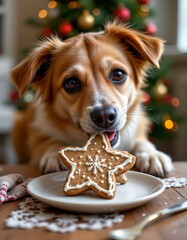 Playful dog nibbling on christmas cookie cozy home pet photography festive atmosphere close-up holiday cheer