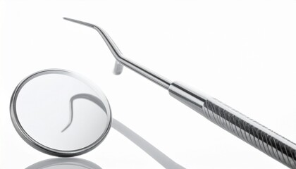 Dental mirror with round reflective surface and metal handle, angled for inspection, evoking precision, visibility, and symbolic introspection in clinical simplicity.