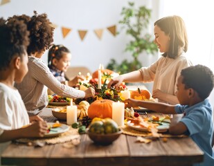 Warm and joyful scene of a diverse family enjoying Thanksgiving dinner together at home