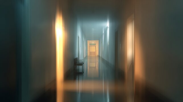 Mysterious, empty hospital corridor with soft light and a lone chair evokes suspense and isolation - Powered by Adobe