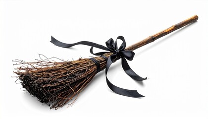 Rustic twig broom with black ribbon bow tied at base of wooden handle, handcrafted and symbolic, evoking folkloric tradition, domestic ritual, and mystical charm.