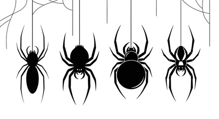 Vector set of black hanging spider silhouettes, a collection of spooky arachnids for Halloween design