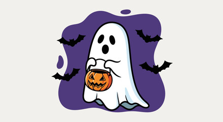 Fototapeta premium Playful cartoon ghost character holding a jack-o'-lantern bucket for trick-or-treating on Halloween, surrounded by spooky bats in a vector illustration