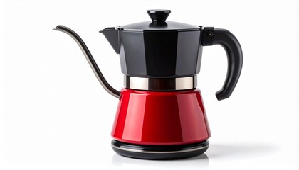 Stovetop espresso maker with black top and red base, classic moka pot design, set against neutral background, evoking ritual simplicity, bold contrast, and timeless coffee culture.