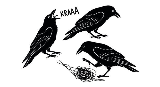 Three black crows cawing and interacting with a tangled mess isolated on transparent background