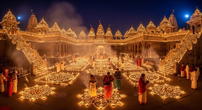 Ornate temple courtyard ablaze with lights patterns and figures