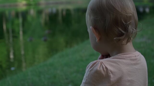 little girl with short curly blond hair happily looking at birds and fish in a big lake in a city park, not moving