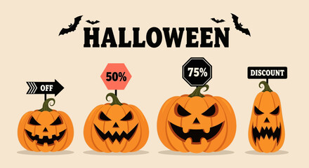A collection of scary carved pumpkins with sale signs, advertising special offers and discounts for an autumn holiday shopping promotion