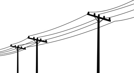 Electric power poles and transmission lines silhouette vector illustration showing energy supply network and electrical distribution infrastructure design for industry