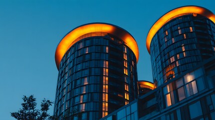 Obraz premium Modern glass towers illuminated at dusk against a clear blue sky.