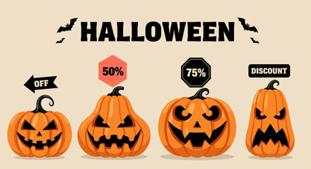 Collection of expressive jack-o'-lantern characters offering seasonal discounts, with 50% and 75% off signs for holiday sales promotions