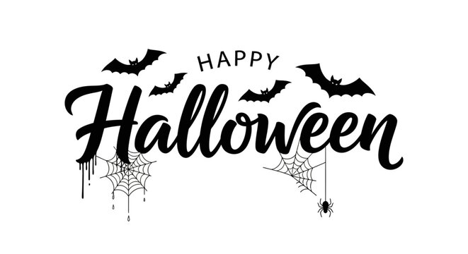 Happy Halloween calligraphic lettering with spooky bats and dripping spiderwebs. A vector greeting card design for the holiday celebration - Powered by Adobe