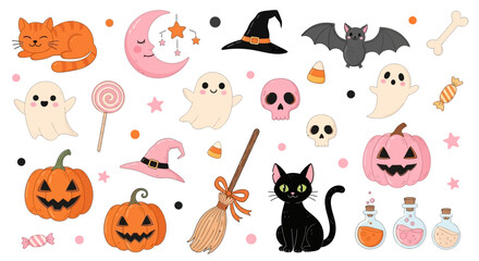 A charming collection of cute Halloween characters and icons, featuring kawaii ghosts, pumpkins, cats, and witch elements