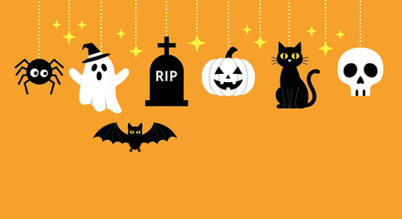 Cute Halloween cartoon characters and symbols hanging as a garland decoration on a bright orange background with copy space