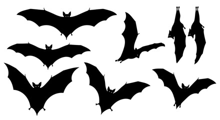 Spooky Halloween bat silhouettes vector set. Collection of black flying and hanging nocturnal animals isolated on white background