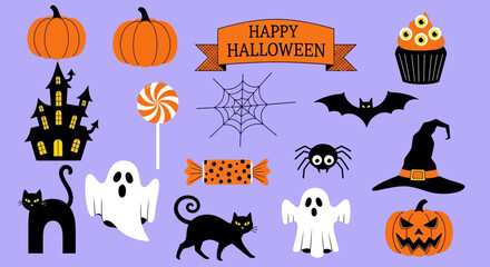 Festive collection of traditional Halloween vector graphics, featuring spooky icons like ghosts, pumpkins, and black cats for seasonal projects