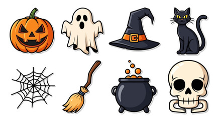 A colorful collection of classic Halloween cartoon icons, featuring a jack-o-lantern, ghost, skull, and witch elements