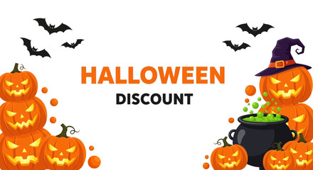 Spooky Halloween promotional banner featuring smiling jack-o'-lanterns, a witch's hat, a bubbling cauldron, and bats for a seasonal discount event