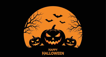 A chilling Halloween night scene with grinning jack-o'-lanterns, flying bats, and eerie trees silhouetted against a vibrant orange full moon