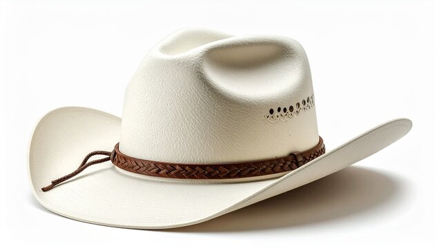 White Stetson cowboy hat with wide brim and high crown, brown braided band and leather string, brand name on side, evoking Western heritage, rugged style, and symbolic Americana.