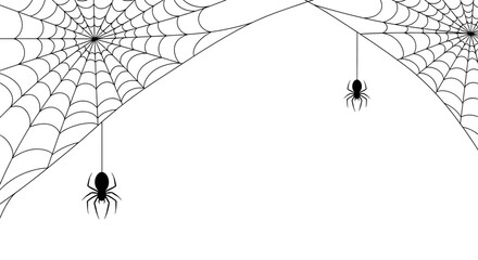 Minimalist black and white vector illustration of two spiders hanging from intricate cobwebs on a clean, isolated background for spooky designs