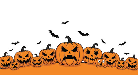 Cartoon illustration of angry and spooky Jack-o'-lanterns lined up with bats flying above for a Halloween border design