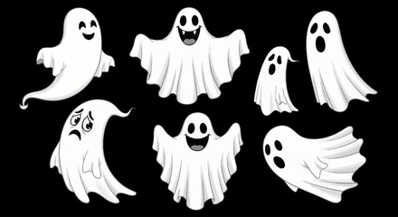 A collection of cute and spooky cartoon ghosts with various expressions, perfect for Halloween celebrations and festive designs. Hal (159)