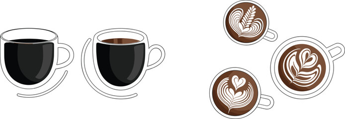 Two Cups of Coffee and Three Latte Art Coffees Overhead View beverage drink