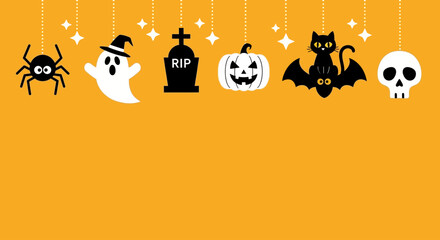 Hanging Halloween character icons collection on an orange background. A spooky holiday vector illustration banner with available copy space