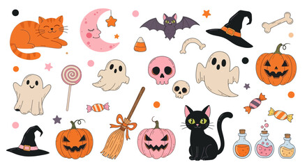 A charming collection of hand-drawn Halloween clipart featuring cute ghosts, pumpkins, cats, and spooky accessories