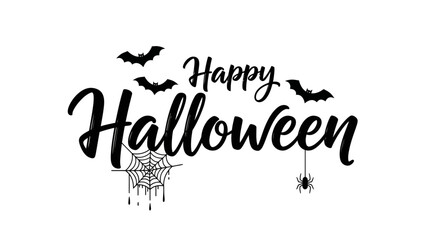 Happy Halloween calligraphy greeting with spooky bats, a spider, and a dripping cobweb vector illustration