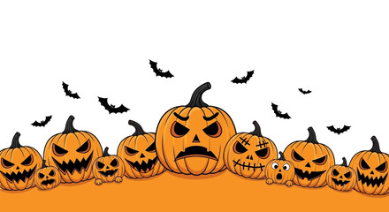 A vector illustration of a group of scary carved pumpkins and bats celebrating Halloween on a white background