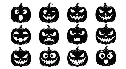 A collection of black silhouette Jack-o'-lantern icons featuring a variety of scary and funny carved faces for Halloween