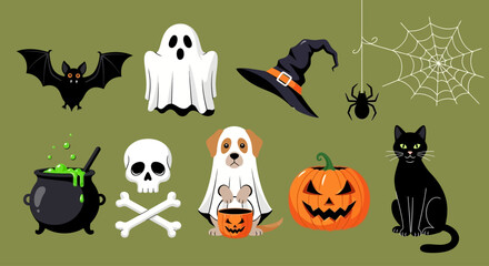 A comprehensive vector set of classic Halloween characters and symbols, including a cute ghost dog, spooky bat, and jack-o-lantern