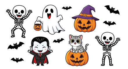 Adorable Halloween collection with cute cartoon ghost, vampire, cat on a pumpkin, and skeletons