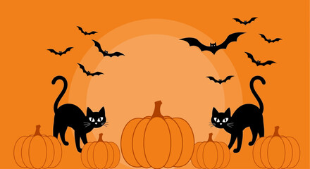 A festive Halloween illustration featuring two spooky black cats surrounded by pumpkins, with bats flying against an orange moonlit sky