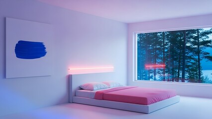 Minimalist Bedroom with Pink Bedding and Blue Brushstroke Artwork