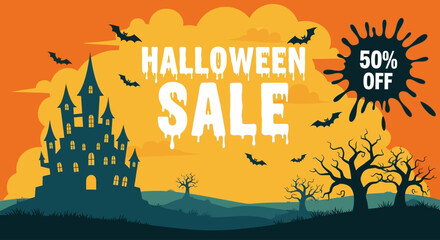 Vector illustration for a Halloween holiday promotion featuring a spooky haunted castle silhouette with flying bats against a sunset orange sky