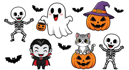 A charming collection of cute cartoon Halloween characters featuring a ghost, skeletons, a vampire, and a cat, perfect for holiday designs