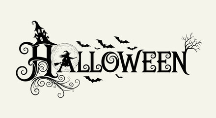 Vintage Halloween typography featuring a spooky haunted house, flying witch silhouette, full moon, and decorative bat details