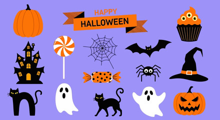 A vibrant collection of flat design Halloween icons featuring a pumpkin, ghost, cat, and spooky elements isolated on a purple background