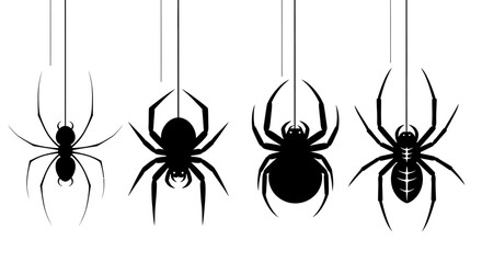 Vector graphic set of four different hanging spider silhouettes. Isolated arachnid icons perfect for spooky Halloween design elements