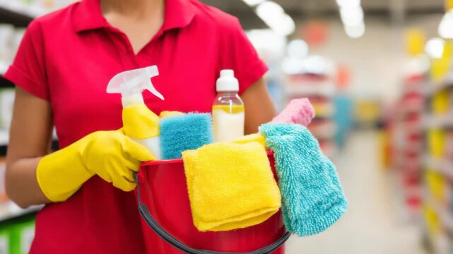 Cleaning worker prepares supplies in store aisle for daily cleaning tasks