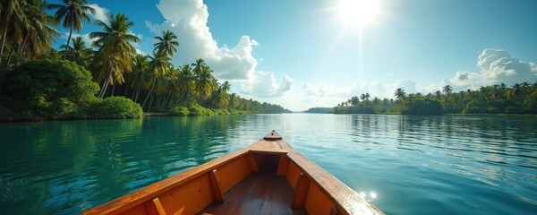 Boat floats along calm river surrounded by tropical jungle on both sides. Palm trees line the riverbank under blue skies with scattered clouds. Summer landscape. Scenic view. Perfect for travel theme.