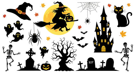 A comprehensive collection of classic Halloween silhouette icons and spooky vector design elements for festive holiday projects