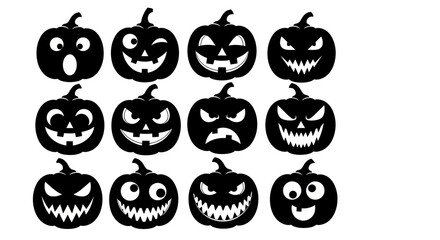 A diverse set of black silhouette jack-o'-lantern icons, showcasing a wide range of spooky, funny, and scary Halloween pumpkin expressions
