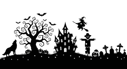 A spooky Halloween landscape silhouette featuring a haunted house, graveyard, howling wolf, and flying witch